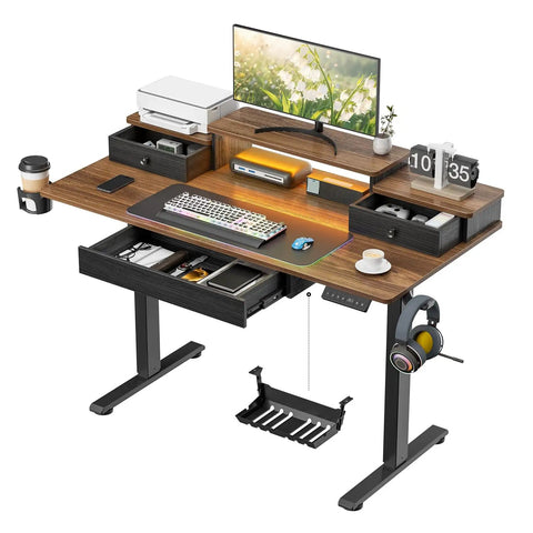 Electric Standing Computer Desk With RGB Lighting And Drawers For Home Office Gaming Setup Adjustable Height Ergonomic Workstation With Quick Assembly Tool featuring a brown surface and accessories.