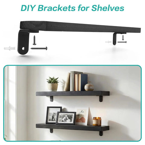 Badass Solid Iron L Shelf Brackets 4 Pack Heavy Duty Angle Mount Supports 60 Lbs Each Sandblasted Matte Industrial Wall Bracket Kit showing single bracket and installed shelves.