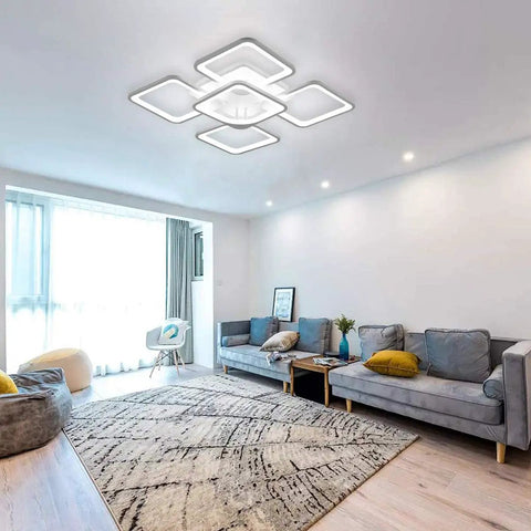 Sleek Two Layer Square LED Ceiling Light Flush Mount White Modern Minimalist Chandelier For Living Room And Bedroom 75W Cool White 5000K With Five Square Shades For Bright Even Illumination installed in a modern living room.