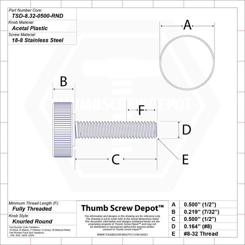 Technical drawing of Stainless Steel Thumb Screw With Black Knurled Round Plastic Knob 8 32 Thread Half Inch Length Coarse Standard Thread 4 Pack Built In USA Corrosion Resistant Reusable No Tools Needed Durable Hardware