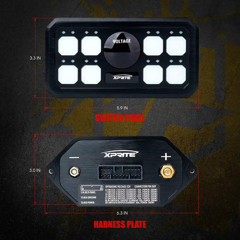 8 Gang Switch Panel Box with Digital Voltmeter and Blue LED Touch Switch Pod dimensions and components.