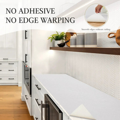 Premium White Non Adhesive Shelf And Drawer Liner For Kitchen Cabinets PVC Based Non Slip Organizer Roll on kitchen countertop.
