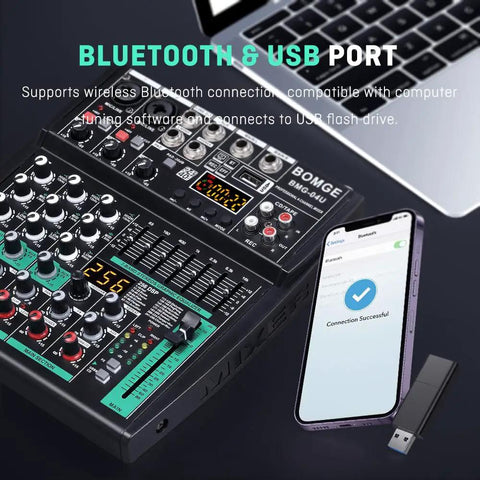 4 Channel DJ Mixer With Bluetooth, USB MP3 Input, 256 DSP, 48V Phantom Power, shown with laptop and smartphone for streaming