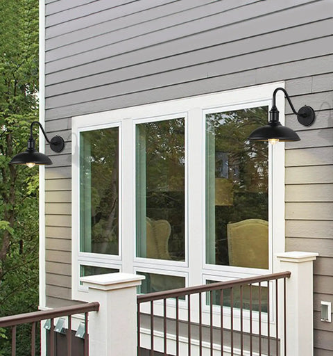Gooseneck Outdoor Barn Light With LED Bulb Black Farmhouse Porch Fixture on house exterior beside large window.