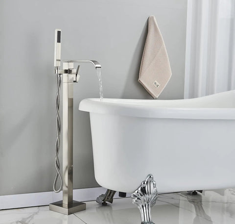 Freestanding Bathtub Faucet Floor Mount Tub Filler Brushed Nickel Brass Mixer Tap Waterfall Spout With Hand Shower 360 Degree Swivel