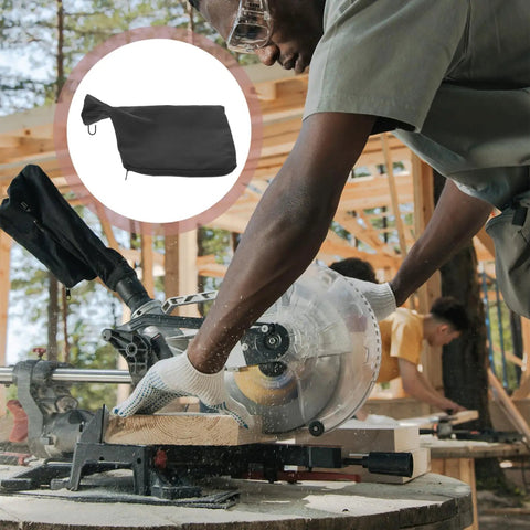 Heavy Duty Cloth Miter Saw Dust Collection Bag With A Secure Zipper Closure Black Replacement in use while cutting wood.