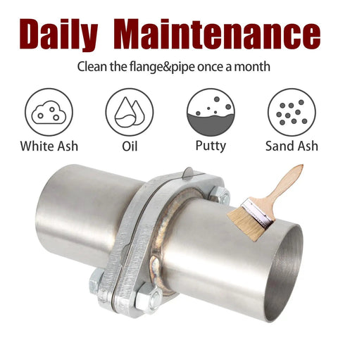 Top Shelf 2.25 Inch Exhaust Flange Pipe 2 Bolt Slotted Flange Stainless Steel Quick Fix Repair Kit showing maintenance tips and cleaning.