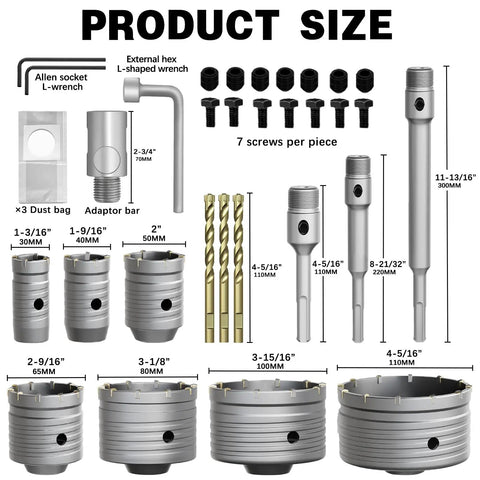 Pro-Grade 34-Piece Concrete Hole Saw Kit with various-sized saws, wrenches, and components for concrete, brick, cement, stone drilling.