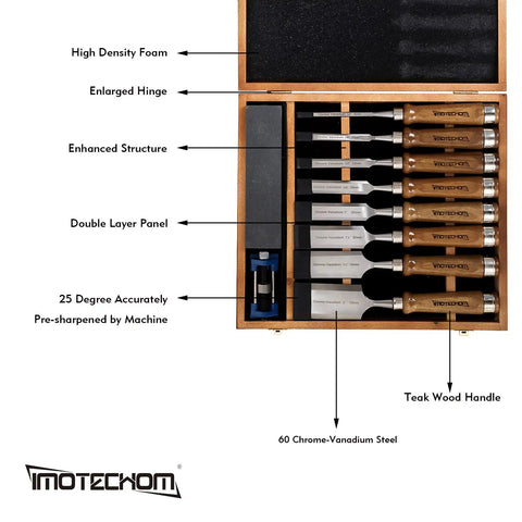 Pro-Grade 10-Piece Woodworking Chisel Set With Wooden Box, Honing Guide, Sharpening Stone, Razor-Sharp CR-V Steel Blades, Teak Handles