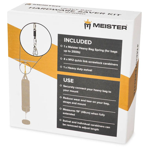 Heavy Duty Bag Mounting Hardware Featuring Pro Grade Spring Swivel And Four Screwlock Carabiners displayed on product packaging.