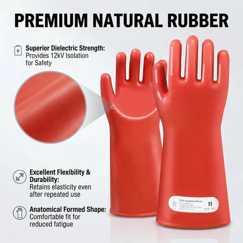 Heavy Duty Insulated Electrician Gloves Class 1 Astm Dielectric High Voltage Electrical Safety Gear in red rubber, size 11.