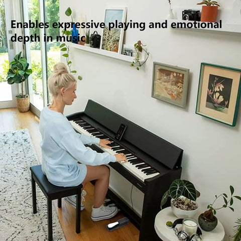 Woman playing digital piano with Sustain Pedal For Keyboard Universal With Polarity Switch And One Quarter Inch Plug visible underneath.