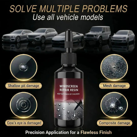 Car Windshield Crack Repair Kit Two Bottles Nano Glass Repair Liquid Fast Five Minute Fix displayed with cracked glass examples