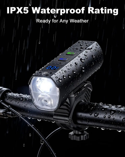Beastly Bright USB Rechargeable Bike Headlight For Night Riding with Aluminum Body in rain showcasing waterproof feature
