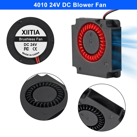 Top Shelf 6 Pack 4010 Blower Fan DC 24V Turbo Cooling Module 40 By 40 By 10 Mm showing airflow design and label.
