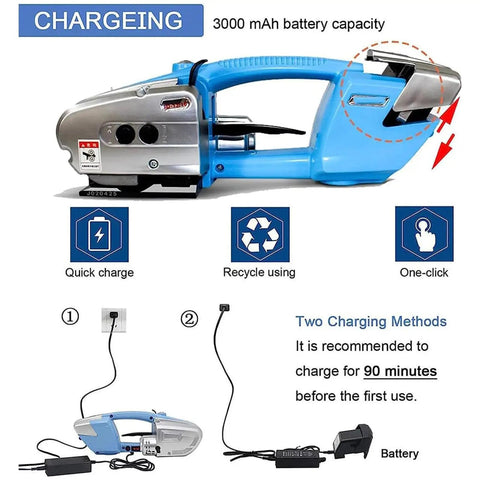 Electric Strapping Machine With 3000mAh Battery Automatic Banding Tool showing quick charge options