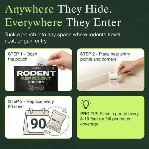 Kick Out Those Sneaky Scurry Rodents With These Mighty Fine Natural Mouse Repellent Pouches showing usage steps of placing pouches.