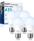 Four Smart A19 LED Bulbs with WiFi, works with Alexa Google Home Siri, 5000K 850LM 9W dimmable, in front of product box
