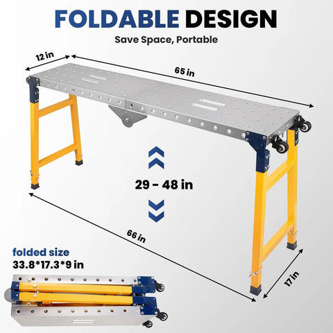 Super Heavy Duty Foldable Welding Table Workbench With 65 By 12 Inch Galvanized Steel Top showing height adjustments from 29 to 48 inches.