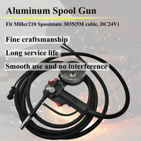 Aluminum Spool Gun for Miller 210 Spoolmate 3035, 5M Cable, DC24V, coiled cables displayed with sparks.