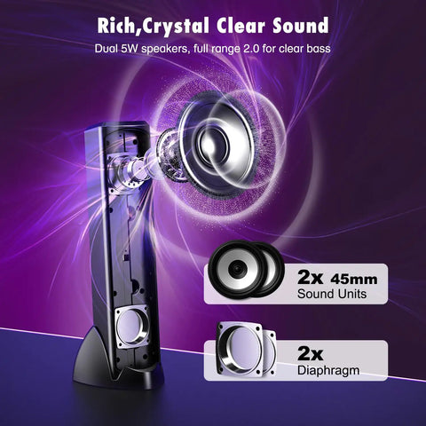Exploded view of RGB PC Gaming Speakers With Full Screen LED Breathing Light and 4 Dynamic Modes, showing internal drivers.
