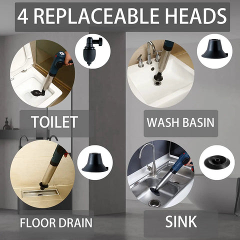High Pressure Air Plunger Gun For Clogs With Detachable Heads shown for toilet, wash basin, floor drain, and sink
