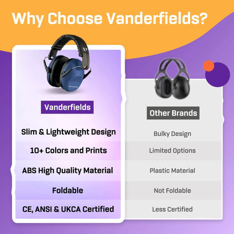 Comparison of Vanderfields and other brands heavy duty hearing protection ear muffs with 31 dB noise reduction features.