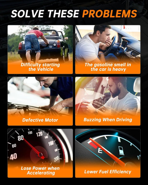 Collage showing car problems: difficulty starting, gasoline smell, defective motor, buzzing sound, power loss, low fuel efficiency.