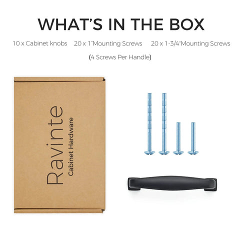 Box with screws and a handle showing Slick 3 Inch Matte Black Cabinet Handles 10 Pack Zinc Alloy Pulls For Kitchen Cabinets And Drawers