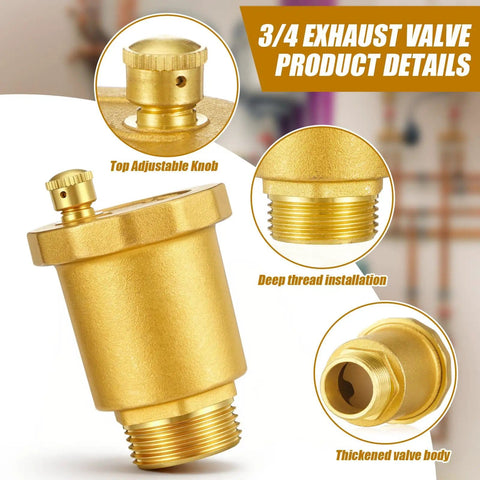 Value Packed Four Pack Brass Automatic Float Valve Three Quarter Inch Male NPT Thread Air Release Bleeder Vent Valve Diaphragm Pipe Fitting Adapter For Hot Water Radiators Boilers HVAC Exhaust Systems with top adjustable knob and threaded installation details.