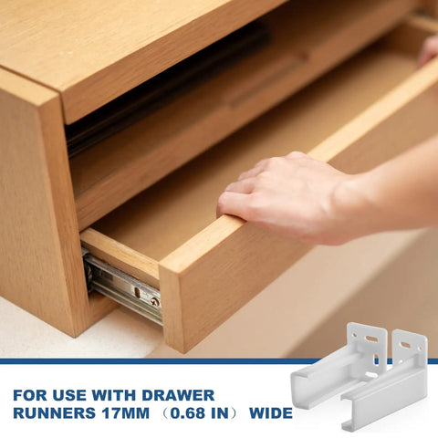 White Rear Drawer Track Socket Back Plates With Heavy Duty Mounting Brackets For Furniture And Cabinet Drawers shown with drawer.