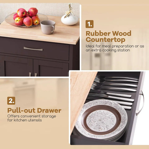 Slick Rolling Kitchen Island Cart With Dope Rubberwood Top And Quick Release Drawer Perfect Go To Coffee Bar Station With Deep Open Shelf And Convenient Towel Rack In Warm Honey Brown, featuring rubberwood countertop and pull-out drawer.