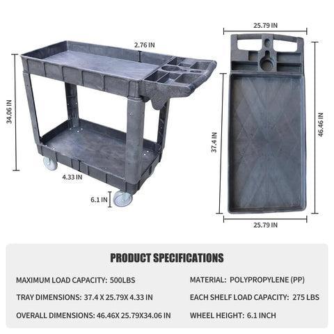 Heavy Duty Plastic Utility Cart With Dual Shelves Bearing Five Hundred Pounds detailed with dimensions and trays for efficient use.