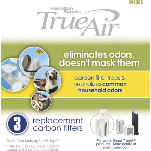 Packaging of TrueAir Replacement Carbon Filter 3 Pack For Odor Eliminators Kitchen Bathroom Pet Smoke Odors Fits TrueAir Models 04384 04532GM