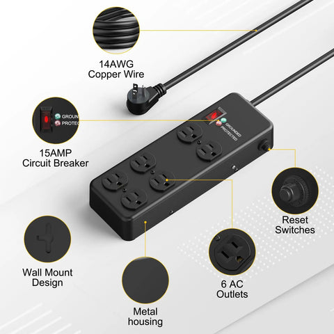 Heavy Duty Surge Protector Packing 3000 Joule Surge Defense 6 Outlet Beefy Metal Power Strip In Black with 4ft cord and circuit breaker.