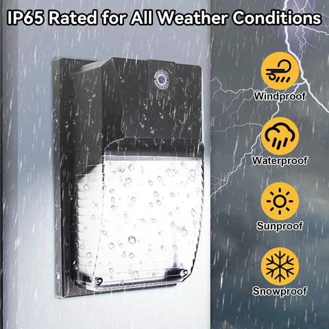 2 Pack Dusk To Dawn Outdoor Wall Pack Lights, 4750 Lumens, waterproof against rain, showcasing IP65 weatherproof rating