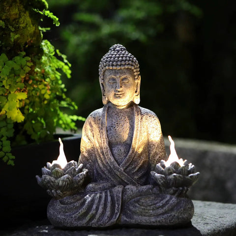 Chill Zen Buddha Statue With LED Solar Lotus Lights For Garden Patio Decor Sitting Meditating Sakyamuni Figurine in resin