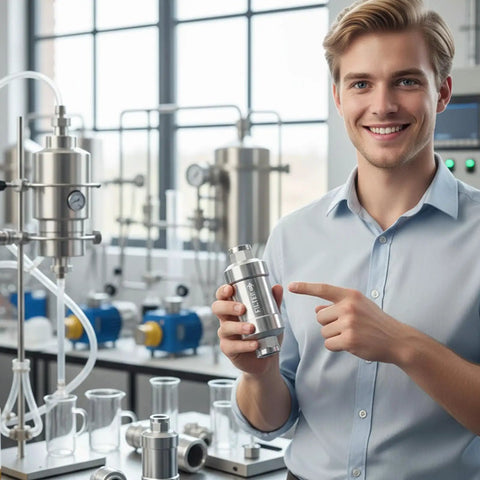 Engineer displaying Long-Lasting Reusable Oil Filter System With Built-In Filtration in a laboratory setting.