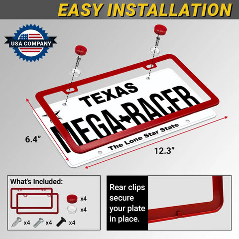 Slim Red License Plate Frames 2 Pack, Rust Free Stainless Steel, Street Legal Front And Rear Car Tag Holders With Screw Caps
