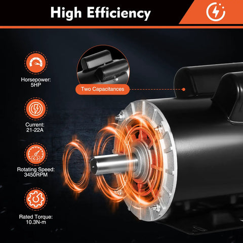 High efficiency Heavy Duty 5HP Electric Air Compressor Motor with 2.36 Inch Shaft Length and 7/8 Inch Bore for industrial applications.