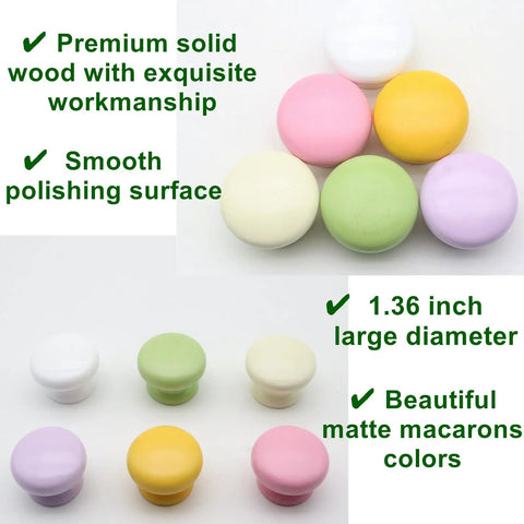 Solid White Wooden Cabinet Knobs For Furniture And Kitchen Upgrades Smooth Round Mushroom Drawer Pulls matte macaron colors 1.36 inch diameter
