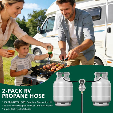 Family cooking with Dual Tank RV Propane Hose 15 Inch Four Layer QCC1 Type 1 To One Quarter Inch Male NPT Camper Gas Line CSA Certified 350 PSI Pack Of Two Easy Hookups in RV setup.