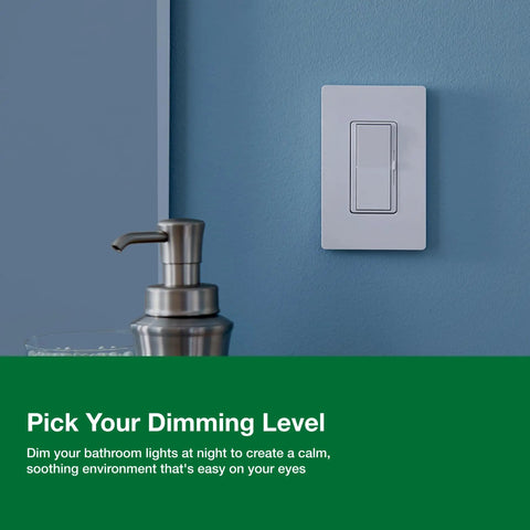 Diva LED Plus Dimmer Light Switch for dimmable LED, displayed on blue wall above bathroom counter.