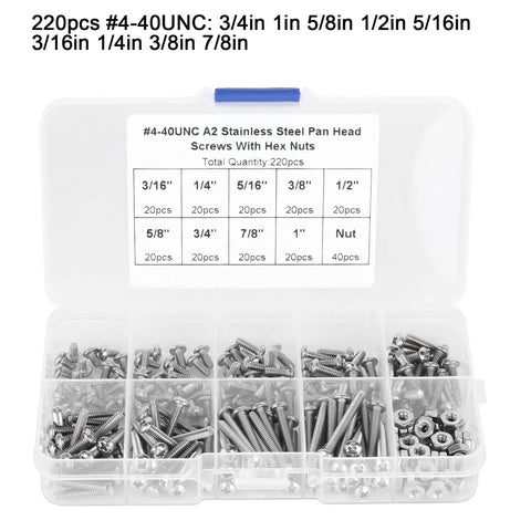 Dope 304 stainless steel pan head screws with hex nuts and washers set for serious machinery hardware maintenance, featuring 220 pcs.
