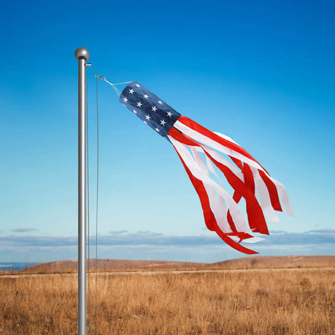 All American 60 Inch Windsock For Outdoor Decor, Heavy Duty 210D Nylon Windsock With Embroidered Stars on flagpole in field