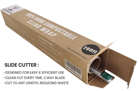 Compostable Cling Wrap With Quick Slide Cutter 12 Inches Wide By 200 Feet Long in recycled packaging with slide cutter visible.