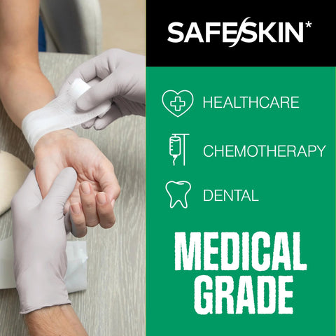 Front view of hands wearing white disposable nitrile exam gloves; green healthcare branding panel in background