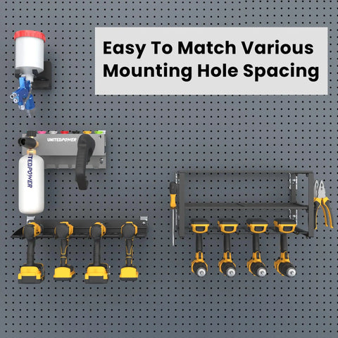 Pegboard Mounting Adapter Set, 12 Metal Brackets Fits 1/4, 1/2, Or 1 Inch Peg Boards For Hanging Tools And Storage, Heavy Duty Garage Wall Organizer, Tool Rack Mounting Hardware displayed on pegboard showing tool organization.