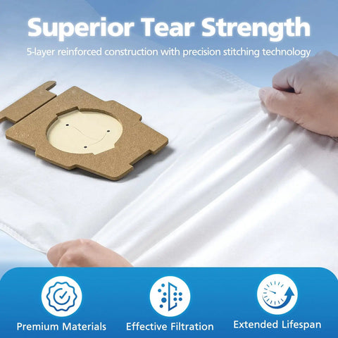 Close-up of 10 Pack 204814 Filter Plus Vacuum Bags with Avalon Sentria fits G3-G12, showing 5-layer material for strong filtration.
