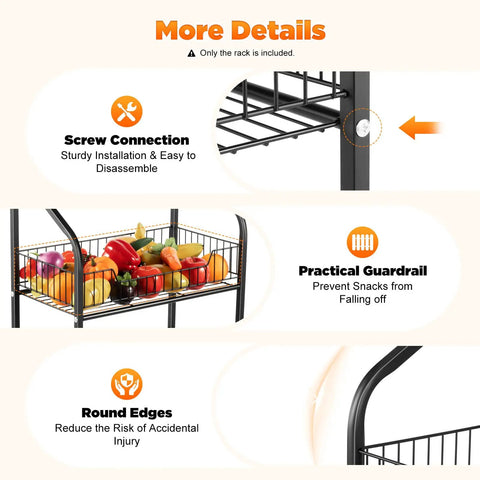 Heavy Duty Four Tier Mesh Display Rack With Ten Secure Hooks Mobile Snack Organizer Cart featuring sealed screw connections and guardrails.